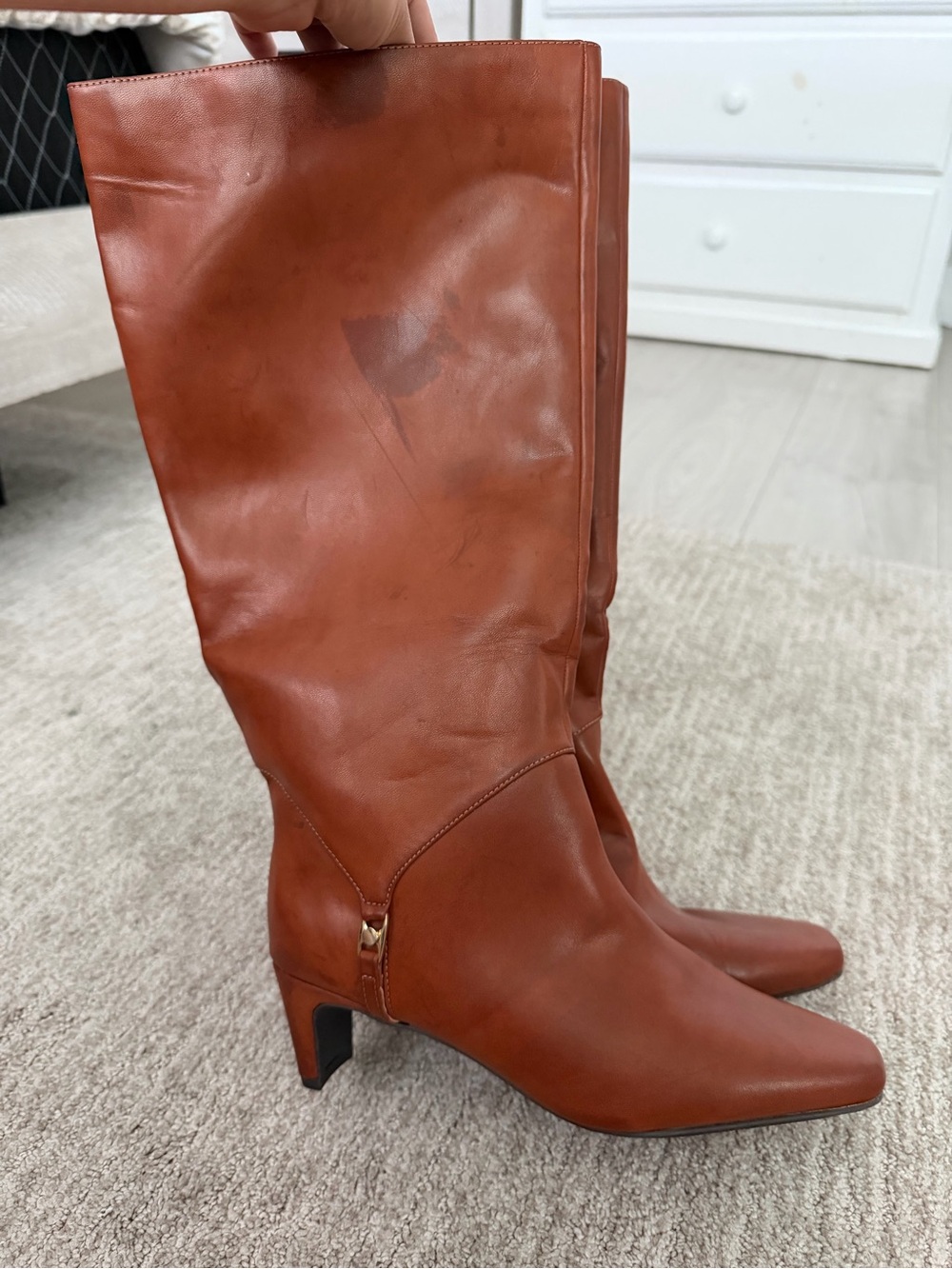 Anne Klein Cognac Leather Knee-High Heeled Boots